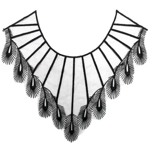 Detail of elegant black polyester silk embroidered lace collar applique for dresses