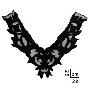 Detailed view of black water-soluble lace embroidery collar patch applique 38x29cm