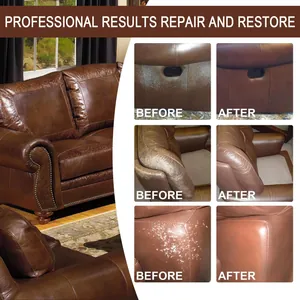 Professional before and after comparison results of leather repair balm on brown sofa