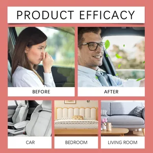 Detail view showing car air freshener efficacy and usage in car, bedroom, and living room