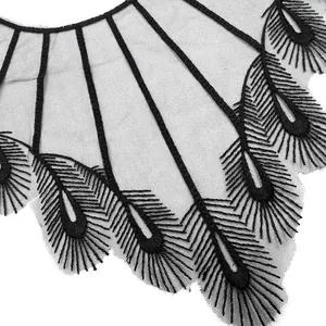 Elegant black mesh lace collar with delicate feather embroidery for DIY garment decor