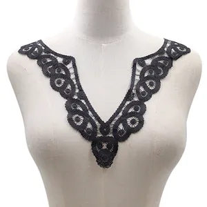 Elegant black water-soluble floral lace collar applique for DIY garment embroidery