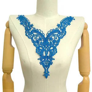Blue water-soluble embroidered lace collar applique for professional DIY sewing crafts