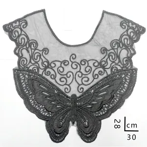 Detailed macro view of black butterfly lace embroidery collar showing 28x30cm size measurements