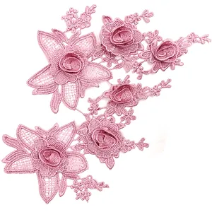 Detail view of pink 3D water-soluble lace embroidered floral applique for DIY crafts