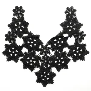 Detailed view of black milk silk water-soluble lace floral embroidery collar applique