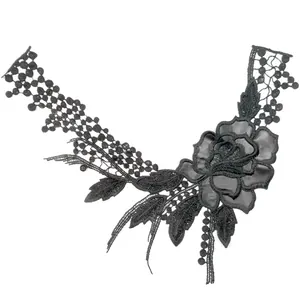 Detailed view of a black floral lace and PU leather embroidered collar applique patch