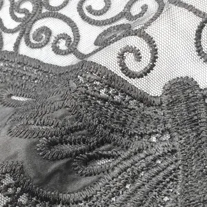 Detailed close-up of intricate black water-soluble lace embroidery and mesh base texture
