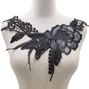 Exquisite black water-soluble lace embroidery neck flower with PU leather patches detail