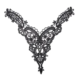 Elegant black water-soluble lace applique with hollow-out floral embroidery V-neck design