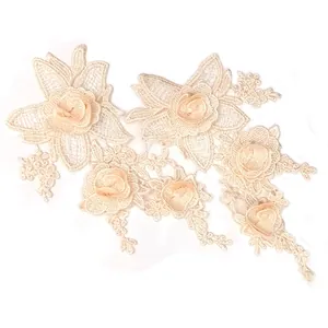 Close-up detail of 3D embroidered water-soluble lace floral applique for DIY garment