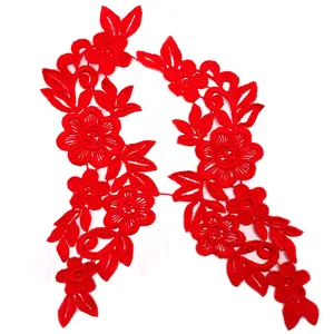 Pair of symmetrical red floral water-soluble lace embroidery patches for DIY craft
