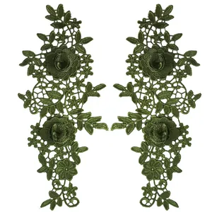 Coppia di applicazioni in pizzo floreale ricamato 3D verde oliva per cucito e progetti DIY