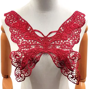 Intricate red butterfly lace collar embroidery applique displayed on a white mannequin.
