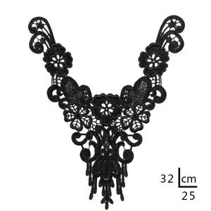 Detailed view of black 3D water-soluble lace collar applique measuring 32x25 cm