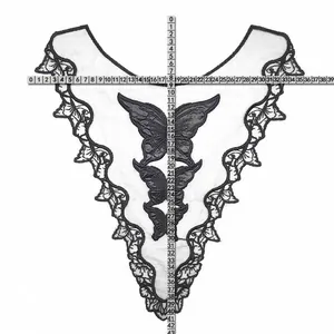 Detailed view of a butterfly embroidered water-soluble lace collar with dimensions.