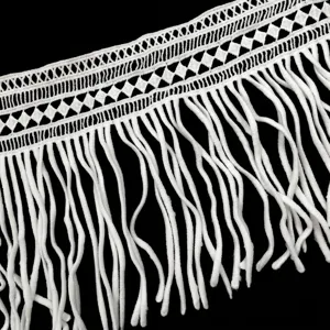 Detailed macro view of elegant white milk silk embroidered lace fringe for DIY crafts
