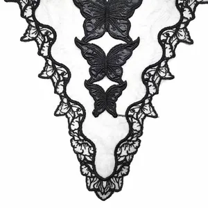 Intricate black butterfly embroidery on mesh water-soluble lace collar applique detail