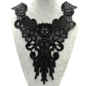 Elegant black water-soluble lace collar with intricate floral hollow-out embroidery