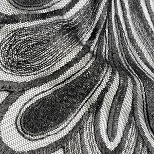 Macro shot of black embroidered lace fabric detail showing intricate stitch patterns.