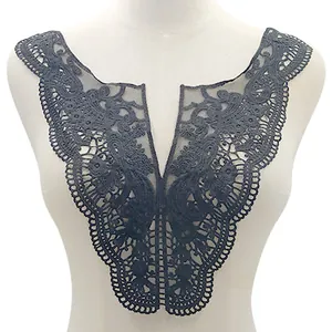 Intricate black water-soluble lace collar applique with hollow floral embroidery details