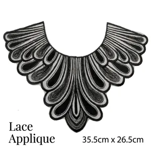Black embroidered lace neckline applique patch with detailed petal patterns
