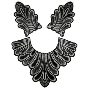 Detailed view of a 3pcs black lace embroidery applique set for collar and cuffs decoration