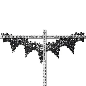 Black embroidered lace collar applique with measurement tape showing size details