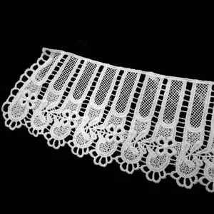 Detailed view of intricate white water-soluble lace collar with milk silk embroidery.