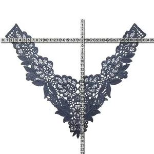 Measurement guide showing size of dark blue embroidered water-soluble lace neckline collar