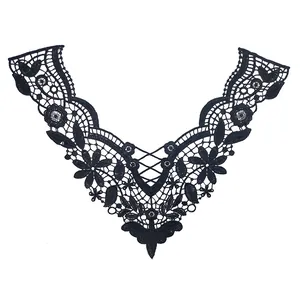 Black water-soluble lace collar with 3D floral embroidery for DIY sewing projects