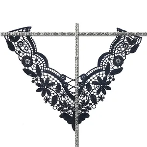 Black embroidered water-soluble lace collar applique with measurement rulers, 41x36cm.