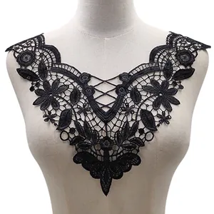 Close-up of black floral water-soluble lace embroidery collar applique for DIY sewing crafts