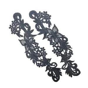 Pair of black water-soluble lace floral patches for DIY embroidery and sewing crafts