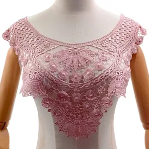 Elegant pink water-soluble lace false collar featuring intricate 3D floral embroidery