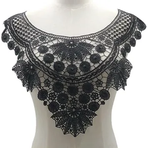 Black water-soluble lace embroidered fake collar with hollow floral pattern on mannequin