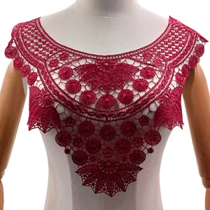 Burgundy embroidered water-soluble lace collar applique with 3D hollow floral design