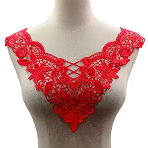 Close-up of elegant red water-soluble lace floral embroidery collar on mannequin
