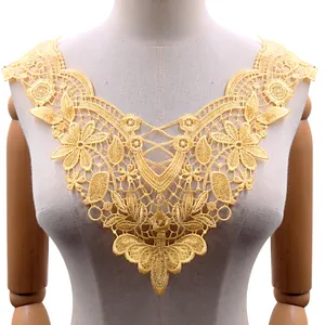 Detailed view of yellow water-soluble lace embroidery collar for DIY garment decoration