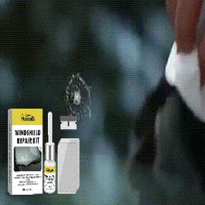 Car windshield repair kit including resin bottle and tool shown alongside the product box.