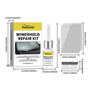Complete dimensions for Homonth windshield repair kit box, resin bottle, and tool set.