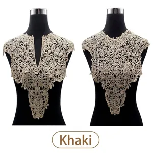 Detailed close-up view of khaki water-soluble lace collar embroidery for front and back