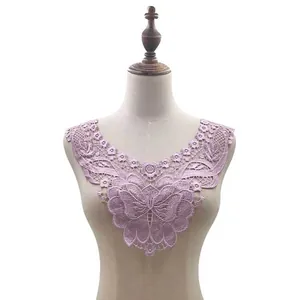 Intricate purple water-soluble lace floral butterfly collar applique on mannequin