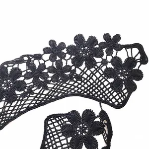 Detail view of black water-soluble lace collar with 3D floral embroidery for DIY sewing.