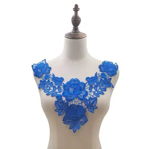 Detailed view of blue water-soluble lace rose embroidery collar on mannequin