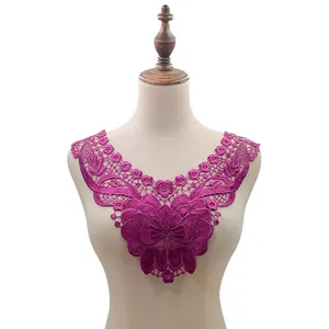 Detailed view of elegant purple water-soluble lace collar with butterfly embroidery