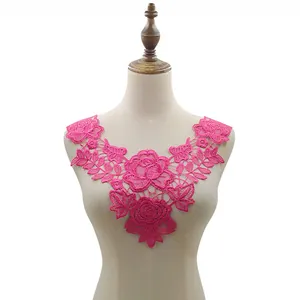 Magenta 3D hollow water-soluble lace collar applique with elegant rose embroidery