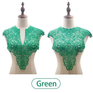 Detailed view of elegant green water-soluble lace collar with 3D floral embroidery