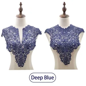 Detailed views of navy blue water-soluble lace collar with intricate floral embroidery