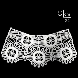 Detailed view of a white water-soluble lace collar with 3D floral embroidery, 13x24cm size.